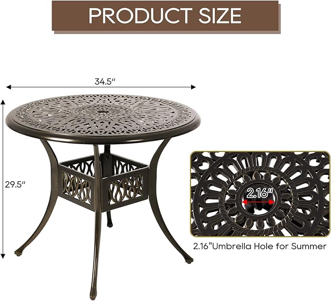 Patio Dining Table,Cast Aluminum Patio Tables with Umbrella Hole, Outdoor Bistro Table for Backyard, Garden, Patio (35" Round Table)