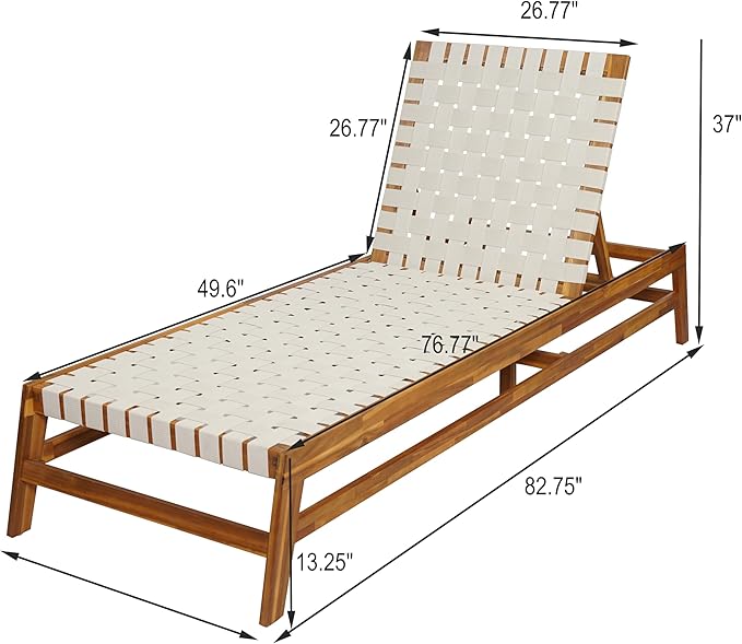 Christopher Knight Home Susua Rope Chaise Lounge with Acacia Wood Frame, Adjustable Backrest Single Lounge Sofa, Patio Sun Lounger Recliner Chair for Poolside Backyard, Teak + White
