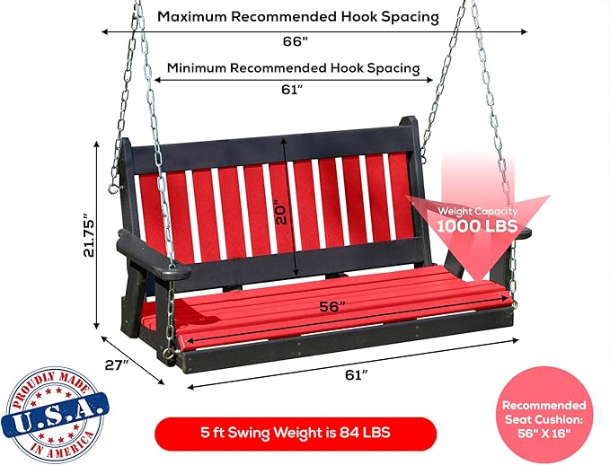 Mission Poly Lumber Wood 5FT Porch Swing Amish Craftsmandship Made in USA HDPE with No Wood fibers 1000 lbs Limit. Stainless Steel Hardware.Signature Design for Patio Outdoor Backyard Garden Park