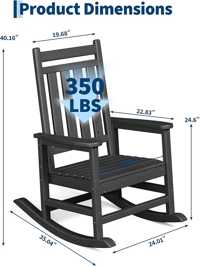 HDPE Rocking Chair Outdoor Set of 6 - Poly High Back Porch Rocker Chairs for Adults - All Weather Resistant Furniture for Patio Front Porch - Black