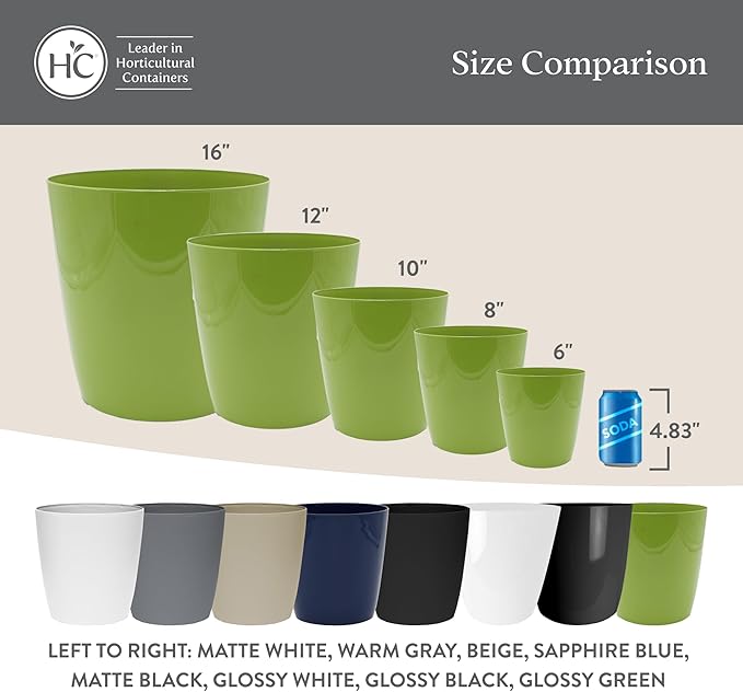 The HC Companies Aria Round Self-Watering Pot - Lightweight Plastic Planter for Herbs & More - Durable Plant Pots for Indoor Plants & Outdoor Plants (6" Glossy Avocado, Pack of 2)