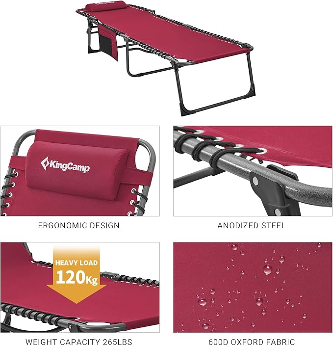 KingCamp Portable Folding Camping Cot Adjustable 4-Position Patio Reclining Lounger Chair with Pillow Pocket for Garden Yard Lawn Sunbathing Supports 265lbs