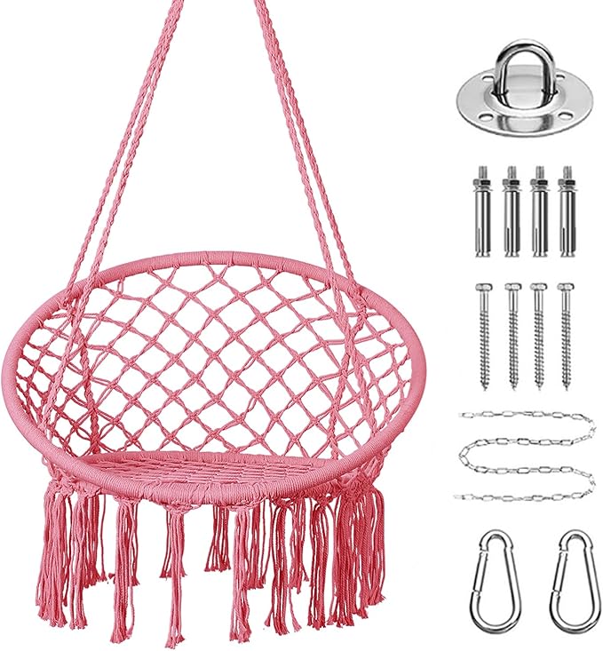 Goutime Hammock Chair, Macrame Hanging Swing Chairs with Hardware Kit,Adult Boho Swings for Outside,Patio,Balcony,Bedroom (Pink (Pillows are not Included))