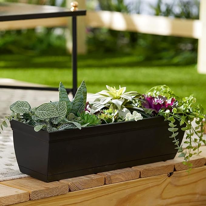 The HC Companies 24 Inch Eclipse Window Planter Box with Drainage Holes & Attached Saucer, Lightweight UV-Resistant Plastic Indoor & Outdoor Planters, 2-Pack Flower Box for Garden & Home Decor, Clay