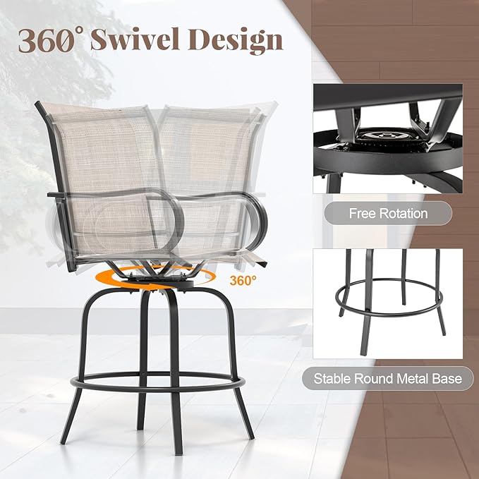 Giantex Set of 2 Swivel Outdoor Bar Stools, All-Weather Bar Height Patio Chairs, 330LBS Capacity, 360 Rotating Outside Bar Chairs with High Back Armrests, for Porch Yard Lawn Garden Pool (Grey)