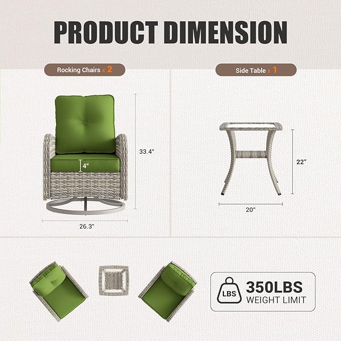 15-Piece Outdoor Patio Furniture Set with Rocking Swivel Chair Wicker Sectional Sofa Set, Patio Conversation Set with Thickened Cushions & Coffee Table for Garden, Backyard, Avocado Green