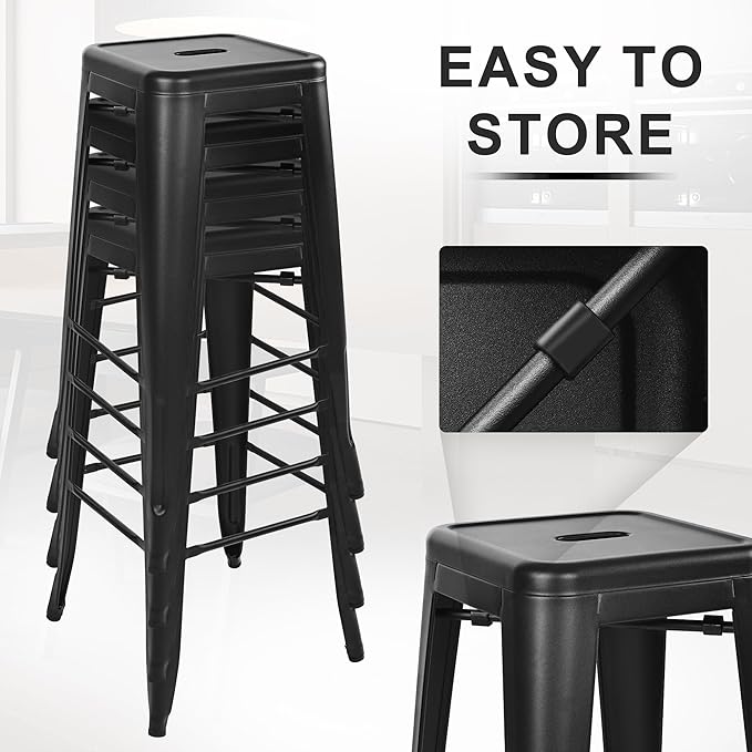 Elevon 30 Inches Metal Bar Stools, High Backless Stools, Indoor Outdoor Stackable Kitchen Stools, Set of 4, Black