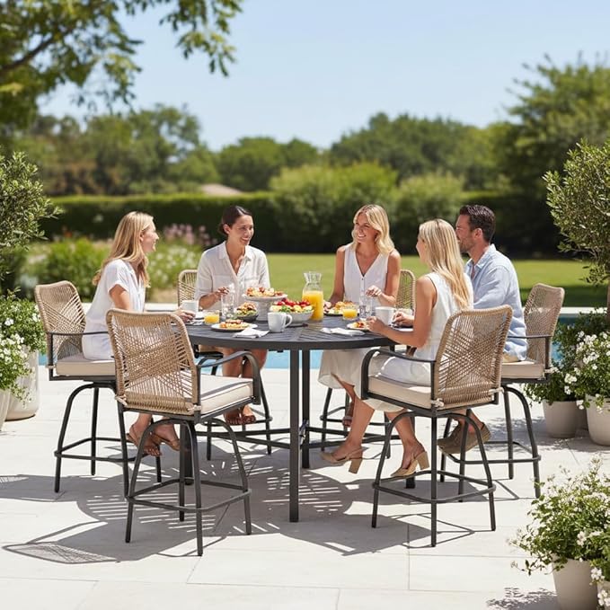 Outdoor Bar Stools Set of 6, 360° Swivel Metal Frame, Wicker Patio Bar Height Stools with Cushion, All-Weather Rattan Chair Design for Patio Backyard, Lawn Garden, Balcony, Poolside