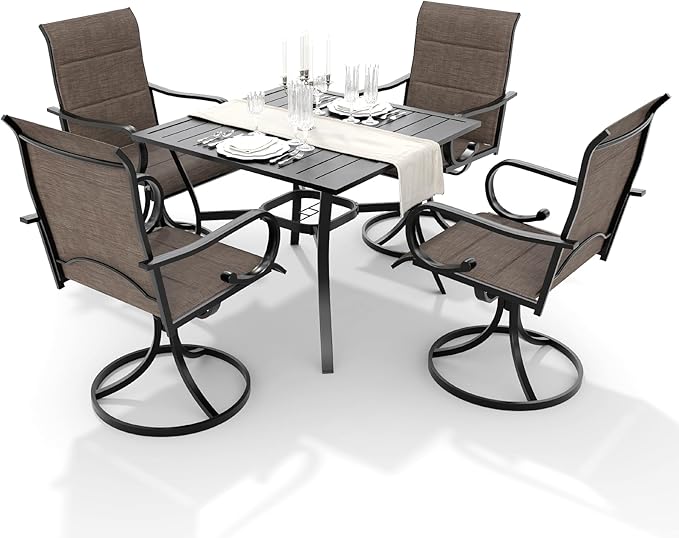 MELLCOM 5-Piece Outdoor Dining Set, 4 Swivel Rocker Chairs with High Back Textilene & Square Metal Dining Table with Umbrella Hole, Patio Furniture Set for Porch, Backyard, Deck, Brown