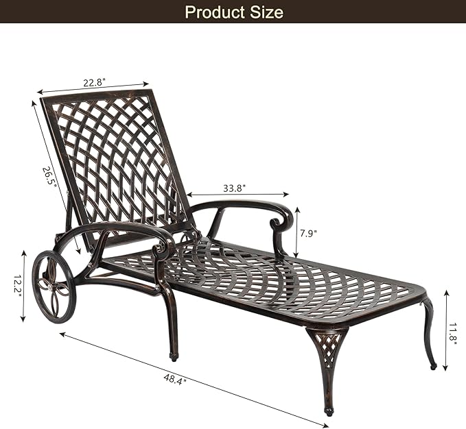 VINGLI Cast Aluminum Outdoor Chaise Lounge Chair with Wheels, Patio Chaise Lounge with 3-Position Adjustable Backrest, Tanning Chair Reclining Chair for Poolside (Bronze, Without Cushion)