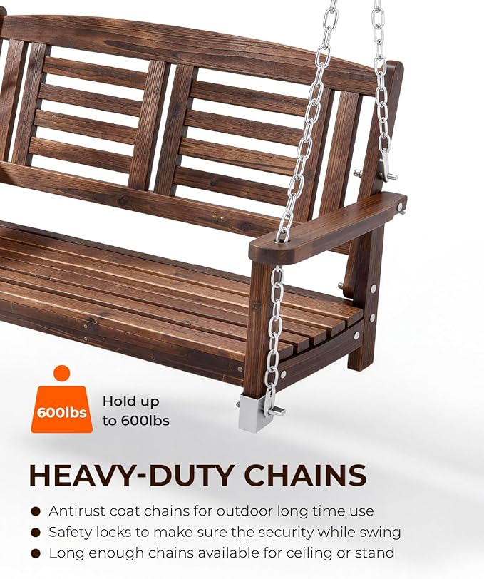 Outvita Wooden Porch Swing, Outdoor Patio Swing, 44" Swing Bench with Hanging Chains and Reclined Backrest for Deck, Garden,Yard, Balcony, Room 600 lbs Capacity Fir Wood (Carbonized Color)