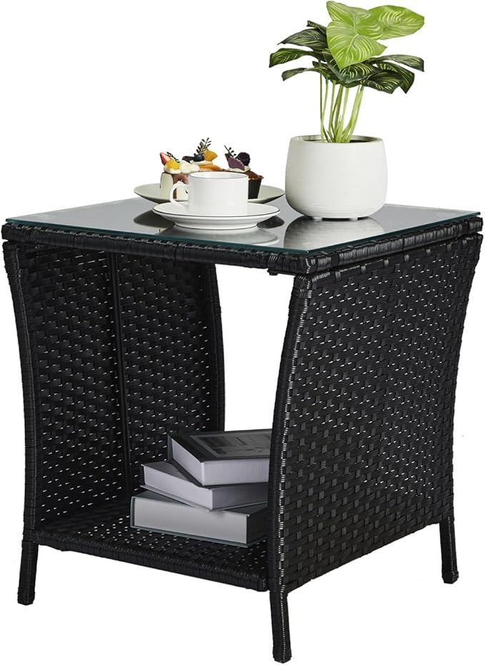 VINGLI Outdoor Wicker Side Table Patio Side Tables for Outside, Tempered Glass Top Wicker Table with Storage End Table for Balcony Porch Deck (Black)