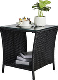 VINGLI Outdoor Wicker Side Table Patio Side Tables for Outside, Tempered Glass Top Wicker Table with Storage End Table for Balcony Porch Deck (Black)