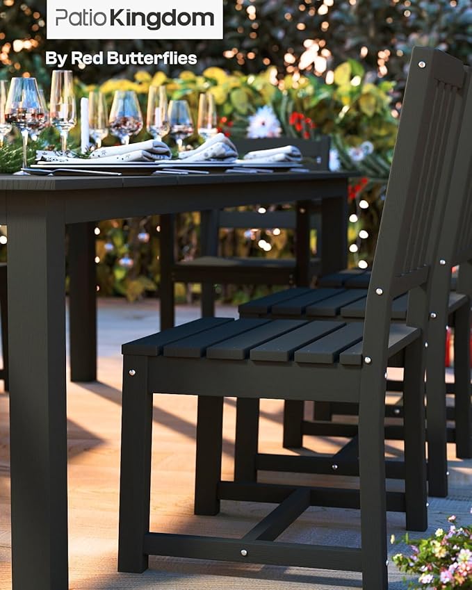 5-Piece Black Outdoor Dining Set with White 15FT Large Patio Umbrella, 75.2'' HDPE Table & Chairs for 8, Weather-Resistant Furniture with Umbrella Hole for Patio, Lawn, Poolside