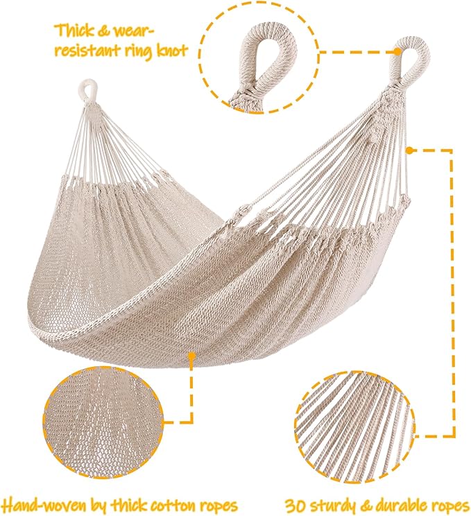 ZEAN Handwoven Hammock by Thick Cotton Rope XL Two Person Hammock for Outside, Patio Backyard Garden 550LB Capacity