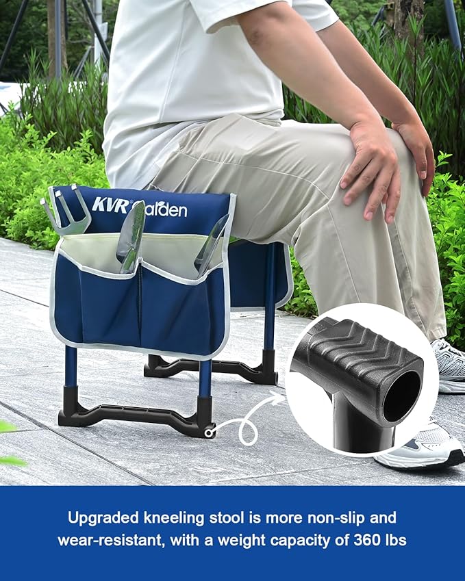 KVR Garden Kneeler and Seat Set 7-Piece Upgraded - Heavy Duty Foldable Bench & Stool with 3 Aluminum Tools, 2 Non-Slip Pouches & Tote Bag - Gardening Chair Gifts for Seniors, Women, Mom