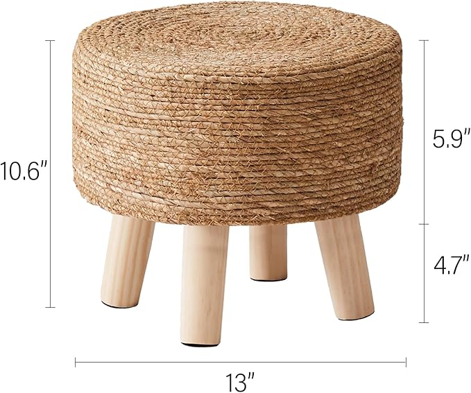 Cpintltr Foot Stool Natural Seagrass Hand Weave Poufs Round Ottoman for Couch Desk Soft Step Stool Padded Foot Rest with Non-Skid Pine Legs for Hallway Office Lounge Natural