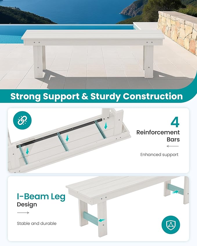 SERWALL 2-Person Outdoor Bench Backless, HDPE Outdoor Benches Weatherproof, 700 Lbs Weight Capacity, Poly Lumber Patio Furniture for Garden, Porch and Park, White, 2 Pack