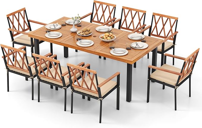 Tangkula 9 Pieces Patio Dining Set, Outdoor Acacia Wood Table and Chairs with Soft Cushions and 1.9” Umbrella Hole, Outdoor Patio Furniture Set for Garden, and Backyard