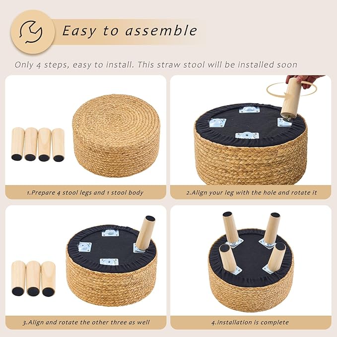 Handwoven Round Ottoman, Natural Water Hyacinth Outdoor Patio Pouf Seagrass Low Stool with Wood Legs, Soft Padded Footrest for Living Room Bedroom Garden, Natural