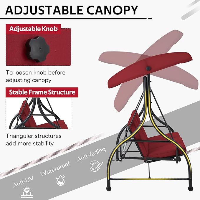 U-MAX Porch Swing Chair with Adjustable Backrest&Canopy, 3 Seat Patio Swing with Canopy 2-in-1 Convertible Outdoor Swing with Canopy Patio Daybed with Removable Burgundy Cushions