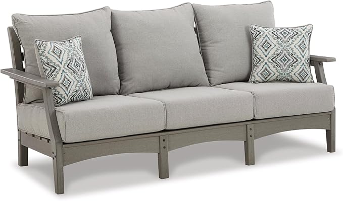 Signature Design by Ashley Visola Outdoor Patio Sofa with All-Weather Cushion and 2 Throw Pillows, Cleanable Performance Fabric, 19.88" Seat Height, Gray
