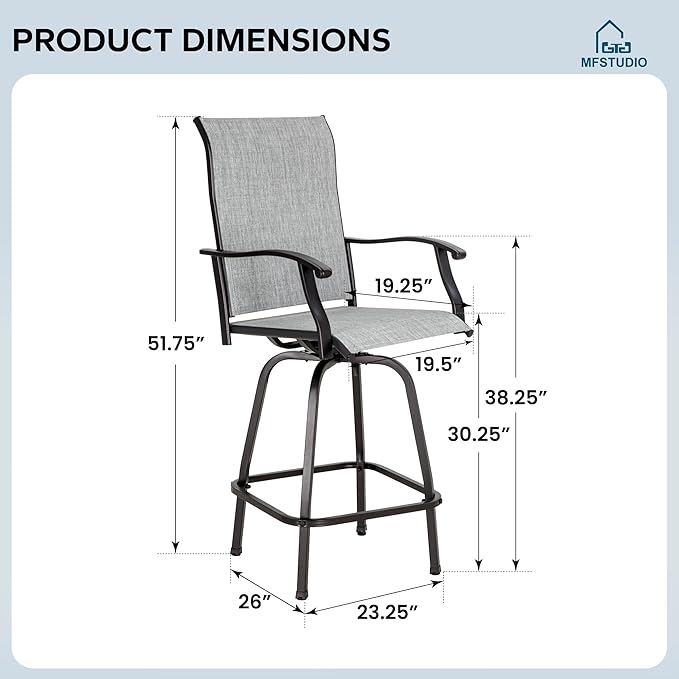 MFSTUDIO Outdoor Bar Stools Set of 4, Swivel Bar Height Patio Chairs Outdoor Barstools High Top Patio Swivel Bar Chairs, Breathable Textilene, Light Grey