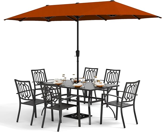 PHI VILLA Patio Dining Set 8 PCS with 13ft Double-Sided Patio Umbrella(Orange Red)，Metal Outdoor Dining Set - 6 x Outdoor Stackable Chairs, 1 x 60"x38"Rectangle Dining Table and 1 Umbrella
