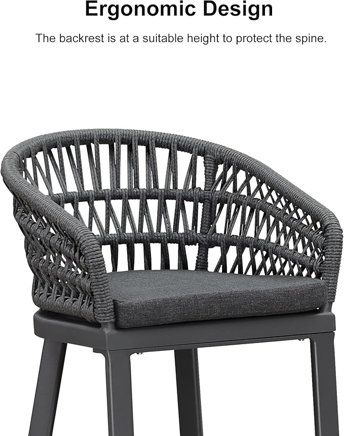 PURPLE LEAF Outdoor Rattan 29" Bar Stools Set of 2, Modern Boho Aluminum Patio Bar Height Chair with Cushion and Back for Outdoor and Indoor, Grey