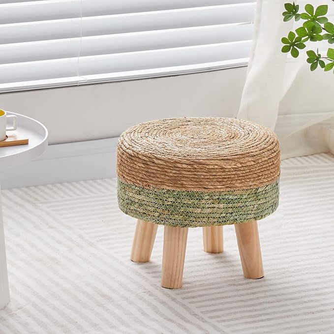 Cpintltr Ottoman Natural Seagrass Footrest Poufs Hand Weave Round Foot Stool for Couch Desk Soft Step Stool Padded Foot Rest with Pine Legs for Living Room Bedroom Natural/Green