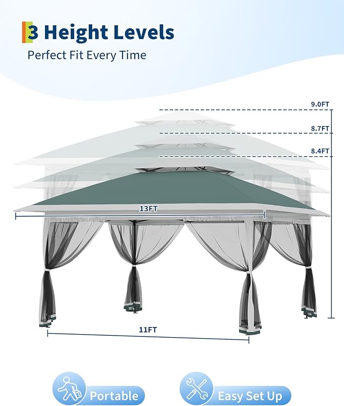 Canopy Tent 13x13 ft, Pop Up Gazebo One-Push Setup with 4 SandBags for Backyard Parties and BBQs, Mosquito Netting & Height Adjustable - Green