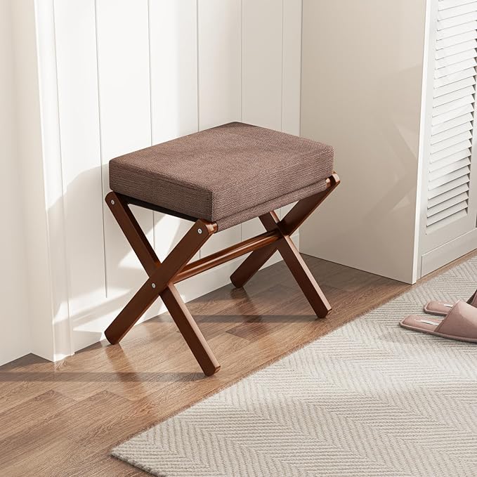 Foldable Foot Stool Ottoman, Modern Foot Rest with Bamboo X Legs & Thick Foam Cushion, Folding Foot Stools Small Padded for Bedroom Living Room, Footstool for Chair Couch (Brown - Brown)
