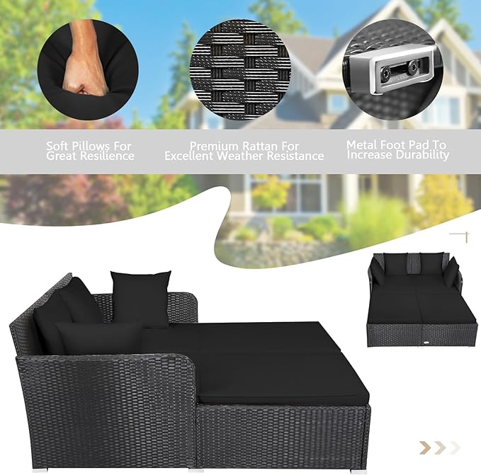 HAPPYGRILL Patio Rattan Daybed Outdoor Loveseat Sofa Set with Padded Cushion Pillows and Sturdy Aluminum Foot Wicker Patio Furniture for Garden Porch Poolside