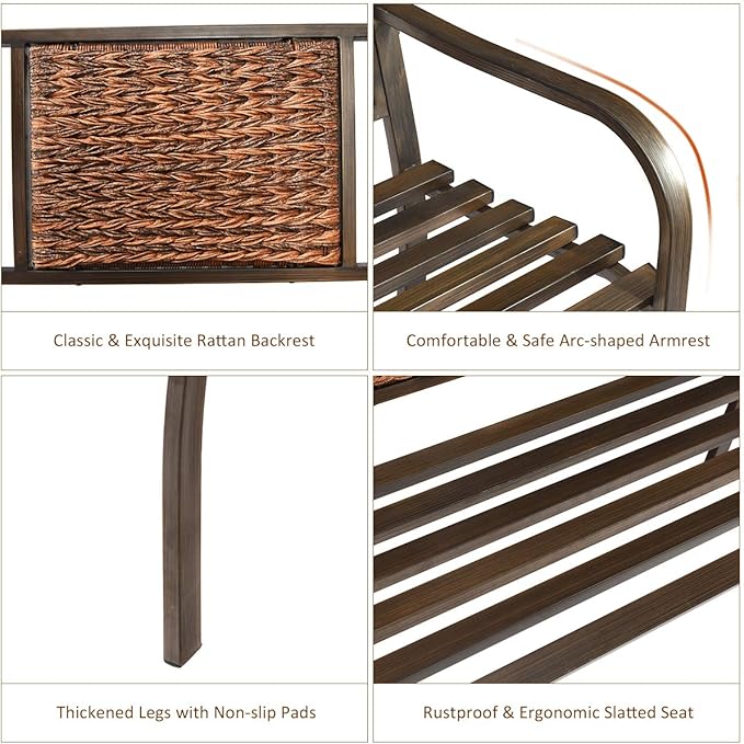 S AFSTAR Outdoor Garden Bench, Brown, Iron, Metal, Polyethylene, Rattan, 50.5 in Width, 2 Adults