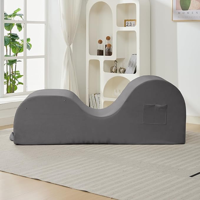 ijuicy Chaise Lounge Chair for Exercise, Indoor Lounger with Headrest, Waist Cushion, Movable Footrest, Side Pockets, Non-Slip Bottom - Yoga Chair with High Density Sponge, Light Grey