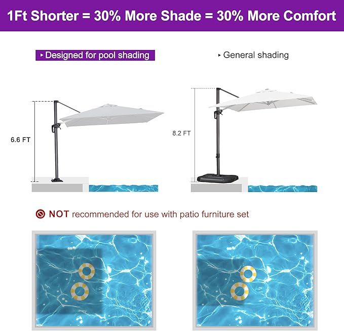 PURPLE LEAF 8' X 8' Patio Umbrella with Steel Plate Base for Pool 7' High Offset Outdoor Cantilever Umbrella Swimming Pool Umbrella with 360°Rotation for Poolside Grey