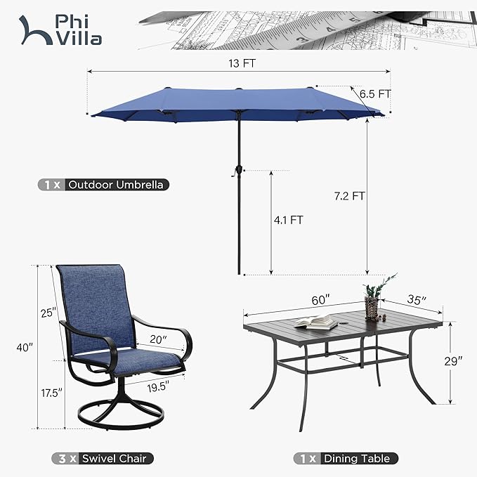 PHI VILLA 8 Piece Patio Dining Set with 13ft Patio Umbrella (Haze Blue), 6 Outdoor Swivel Dining Chairs & 1 Large Metal Dining Table with 1.57" Umbrella Hole, for Deck Lawn (No Umbrella Base)