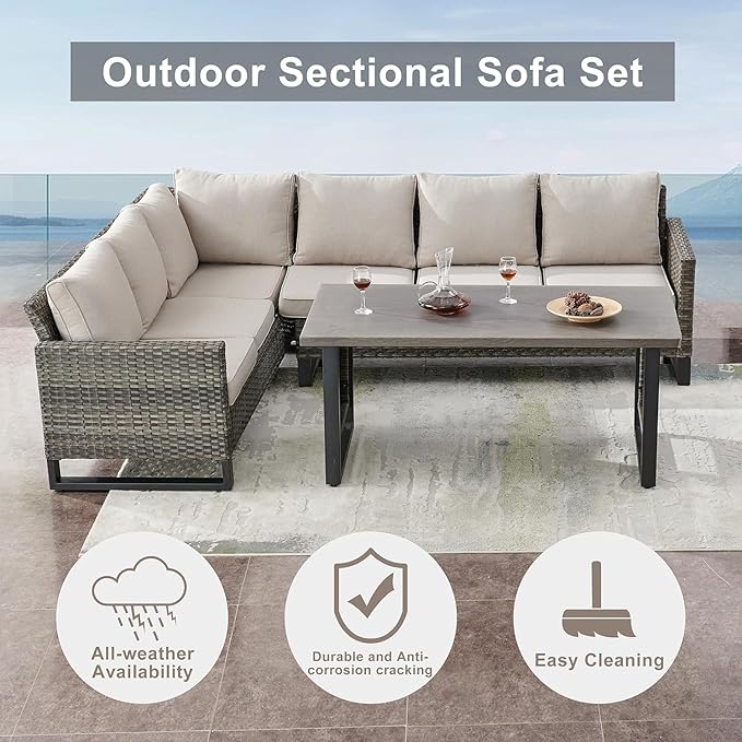 Patio Sectional Furniture Set with Fire Pit Table: 10 Pieces Wicker Patio Conversation Set with L Shaped Sofa, Outdoor Swivel Glider Rocker, Rattan Club Chairs, Ottomans, Removable Cushions Beige