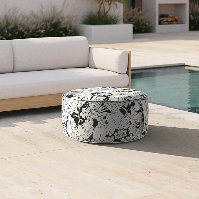 Inflatable Ottoman Stool D21 xH9 for Outdoor/Indoor Use, Water Repellent Patio Foot Rest with Portable Handle,Round Pouf Ottoman Suitable for Garden,Deck and Camping-Tropical Blossom Noir