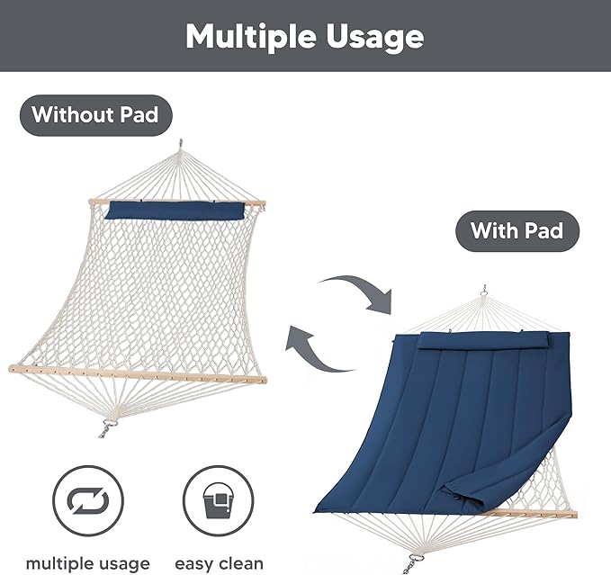SUNCREAT Hammocks Outdoor Double Hammock with Hardwood Spreader Bar, Heavy Duty Cotton Rope Hammock with Polyester Pad, Dark Blue