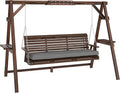 Outsunny 3 Seat Porch Swing with Stand, Wooden Patio Swing Chair with Cushion, Side Trays and Metal Chains, Outdoor Bench for Garden, Poolside, Backyard, Carbonized Brown