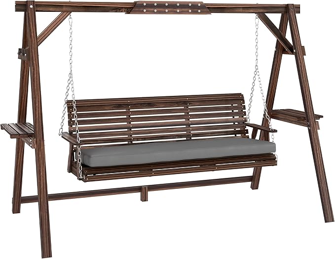 Outsunny 3 Seat Porch Swing with Stand, Wooden Patio Swing Chair with Cushion, Side Trays and Metal Chains, Outdoor Bench for Garden, Poolside, Backyard, Carbonized Brown