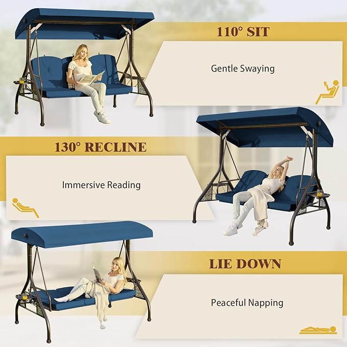 3-in-1 Convertible Outdoor Swing for Adults, Outdoor Porch Swing with Stand 800lb Bearing Capacity, 3-Seat Outdoor Swing with Canopy Adjustable, Thickened Cushions (Round, Blue)