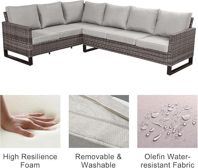 Belord Patio Sectional Furniture Set with Fire Pit Table: 8 Pieces Wicker Patio Conversation Set with L Shaped Sofa, Outdoor Swivel Glider Rocker, Rattan Ottomans, Removable Cushions Beige