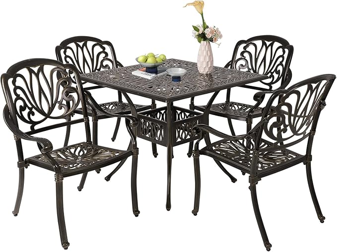 Cast Aluminum Outdoor Patio Dining Set, All Weather Outdoor Furniture Dining Set for Patio, Balcony, Lawn, Garden, Backyard (1 Square Table+ 4 Dining Chairs)