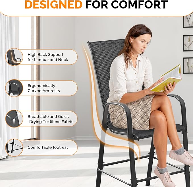 VINGLI Outdoor Bar Chairs Set of 6 – Stackable Outdoor Bar Stools with Sturdy Sling High Back and Armrests for Lawn, Courtyard, Garden, Bar, Black