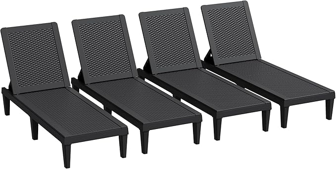Greesum Outdoor Chaise Lounge Chairs Set of 4 with 5-Position Adjustable Backrest, Waterproof PP Sun Chaise Loungers for Garden Pool Beach Patio Deck Sunbathing, Black