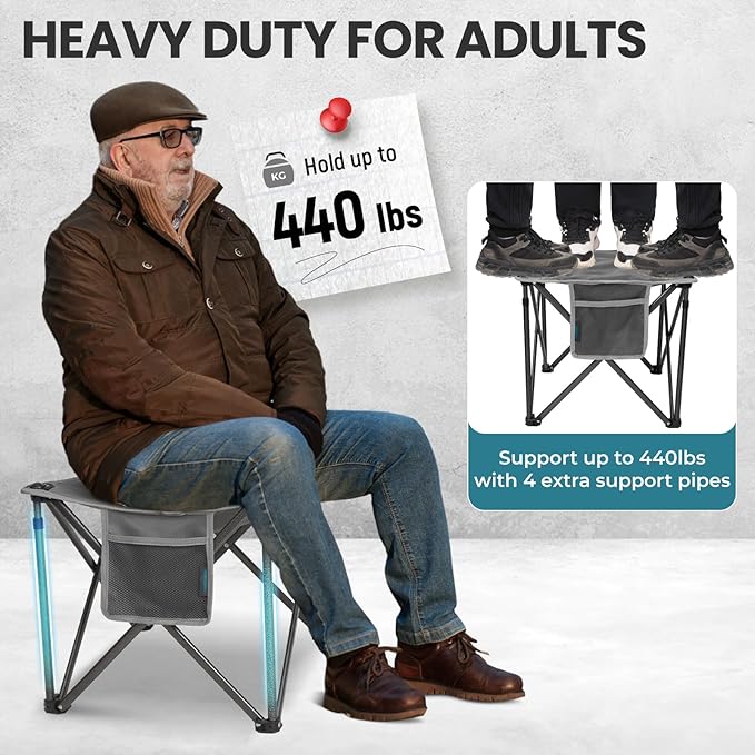 FUNDANGO Oversized Camping Stool for Adults,Thick Padded 18.1 Inch Folding Ottoman Foot Rest, 440 Lbs Heavy Duty Outdoor Camp Chairs with Anti-Slip Foots & Carry Bag for Fishing Travel (Grey)