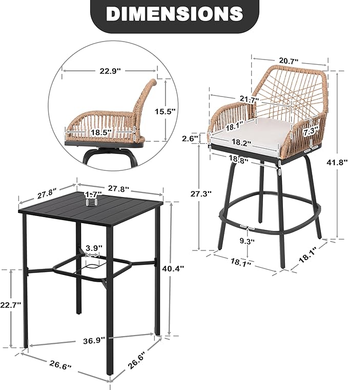 NUU GARDEN 3-Piece Patio Bar Set, All Weather Rattan Swivel Stools 360 Degree Swivel, Outdoor High Top Table and Chairs for Backyard, Balcony, Garden and Poolside, Black and Beige