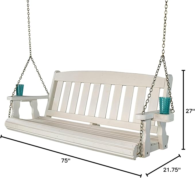 Amish Casual Heavy Duty Mission Treated Porch Swing, 6-Foot, Semi-Solid White Stain, 8Ft Chains, with Cups